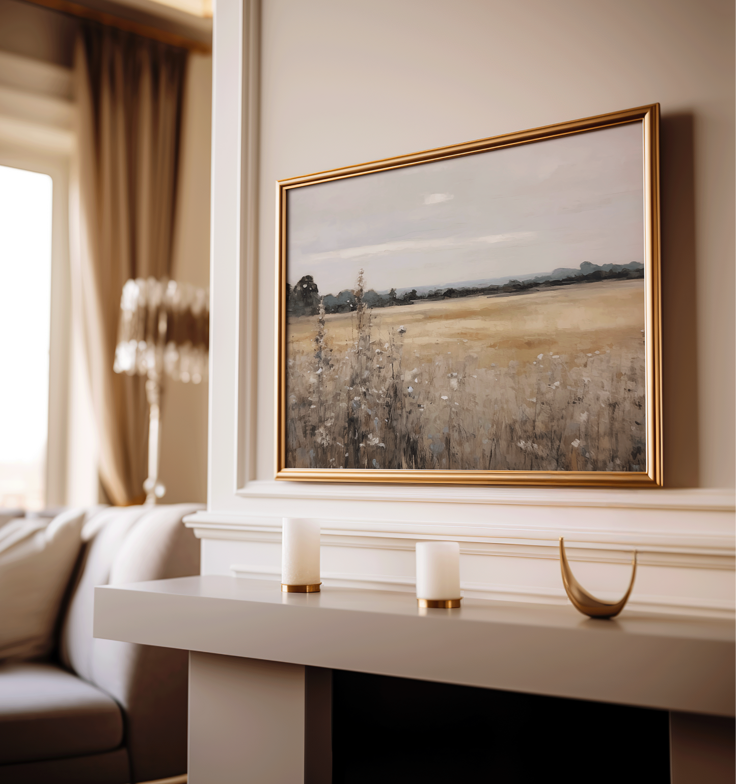 Vintage landscape framed canvas wall art with muted tones of fields and cloudy sky, styled over a white fireplace mantel for timeless farmhouse decor.