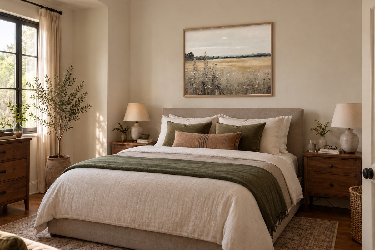 Vintage landscape wall art of a golden wildflower field in a natural oak frame above an upholstered bed in a warm neutral bedroom