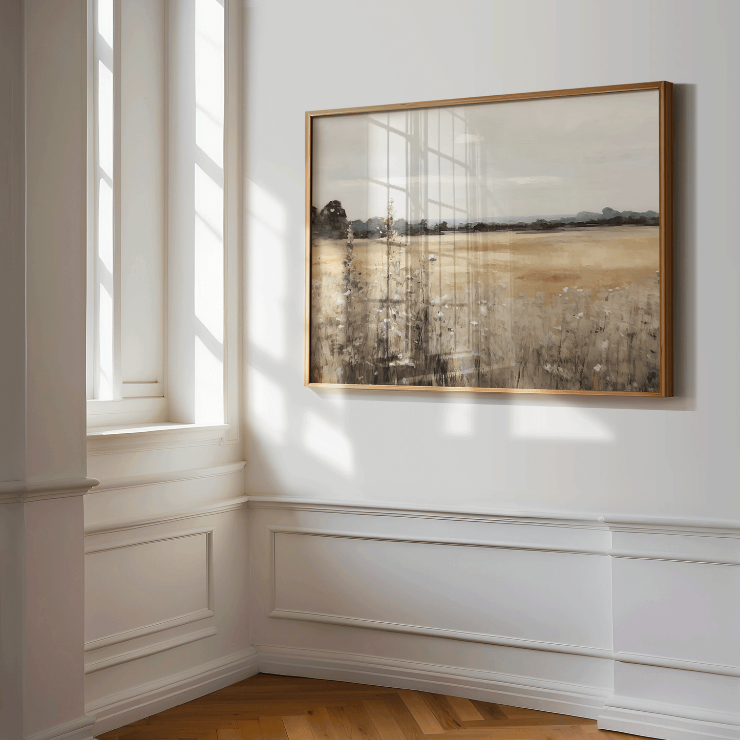 Vintage landscape wall art with wildflowers – horizontal framed canvas artwork on a white hallway wall, countryside nature print.