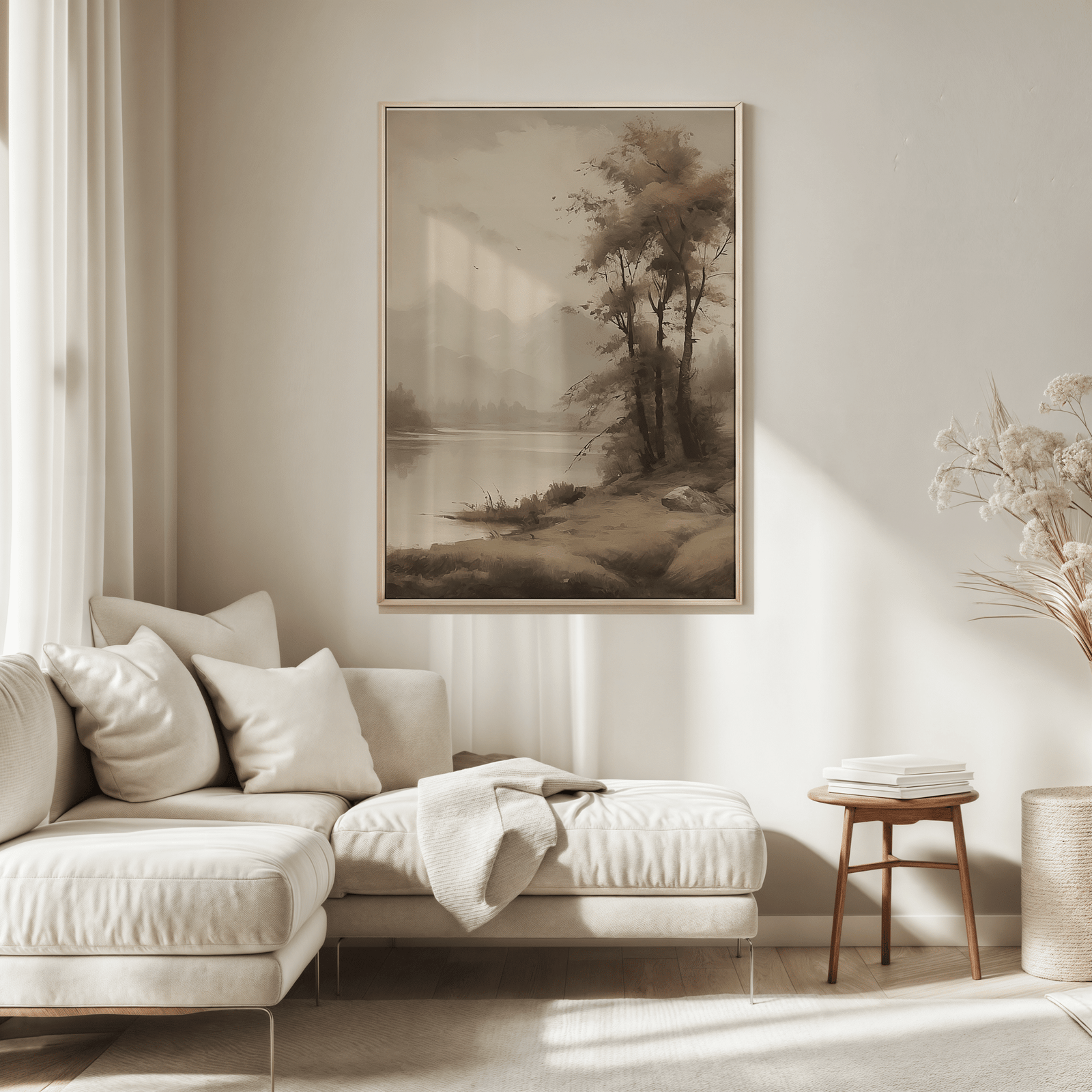 Vintage landscape wall art above neutral sofa in calm minimalist living room