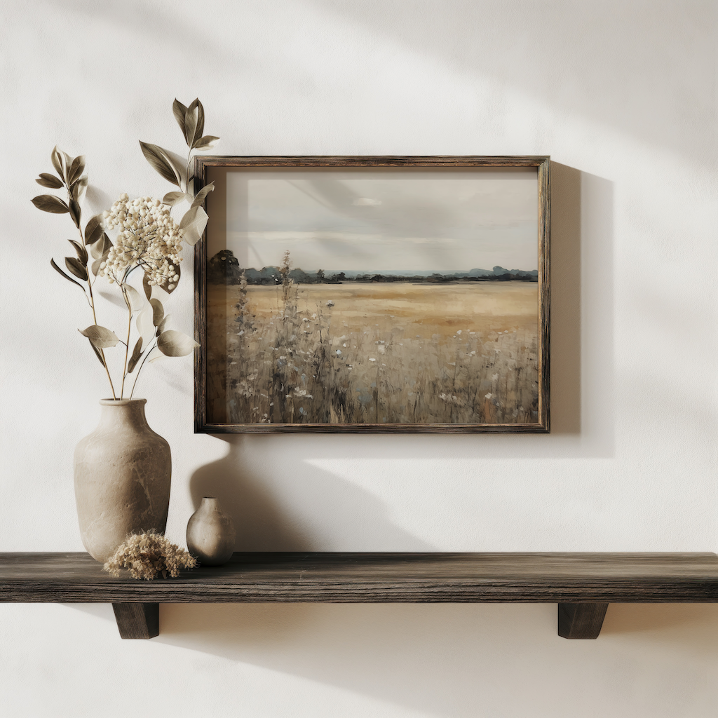 Moody vintage countryside landscape wall art – framed horizontal canvas print styled above a wooden shelf with neutral ceramic vases.