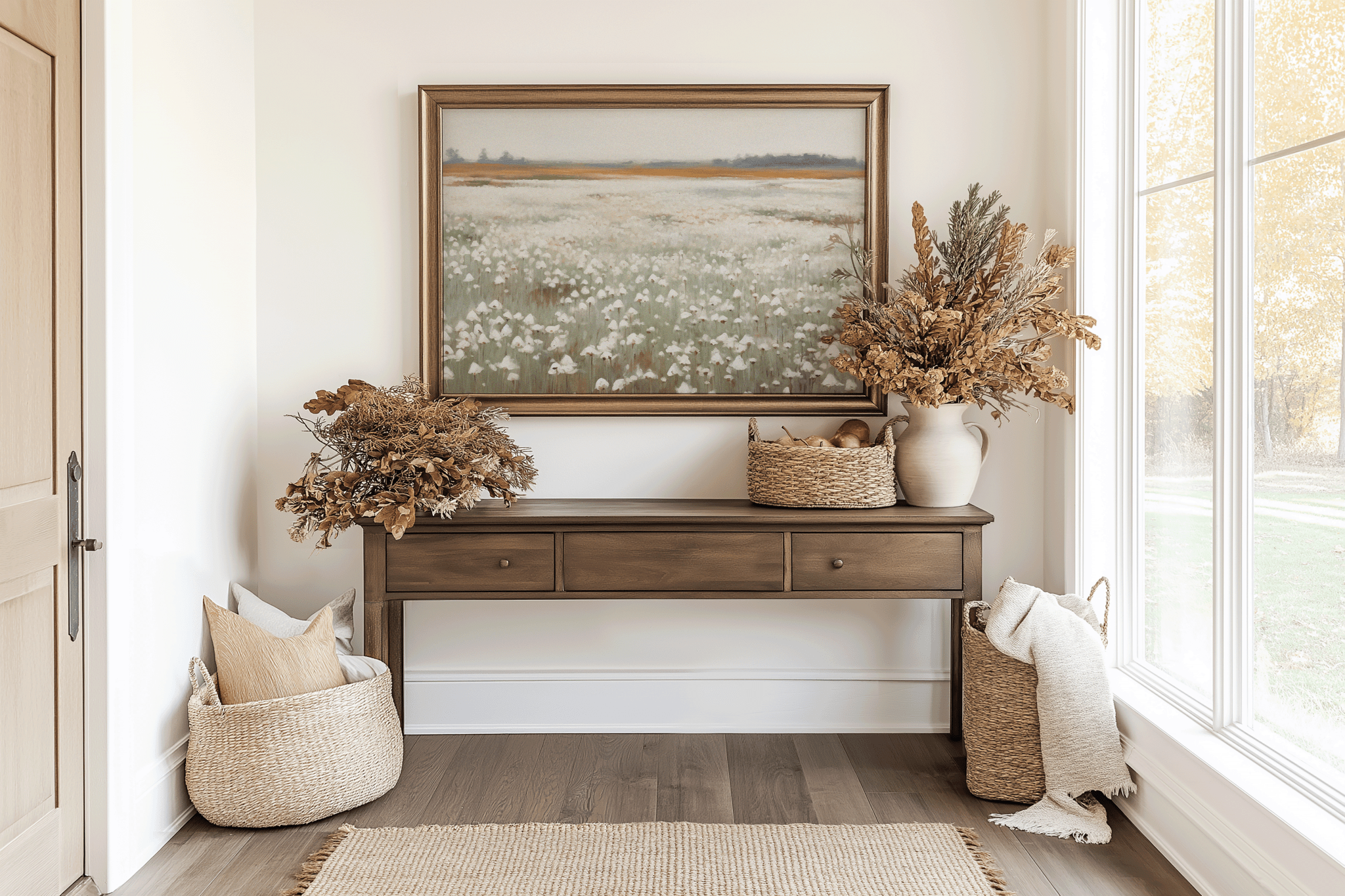 warm-toned wildflower field wall art above hallway console, vintage nature landscape print for classic home decor