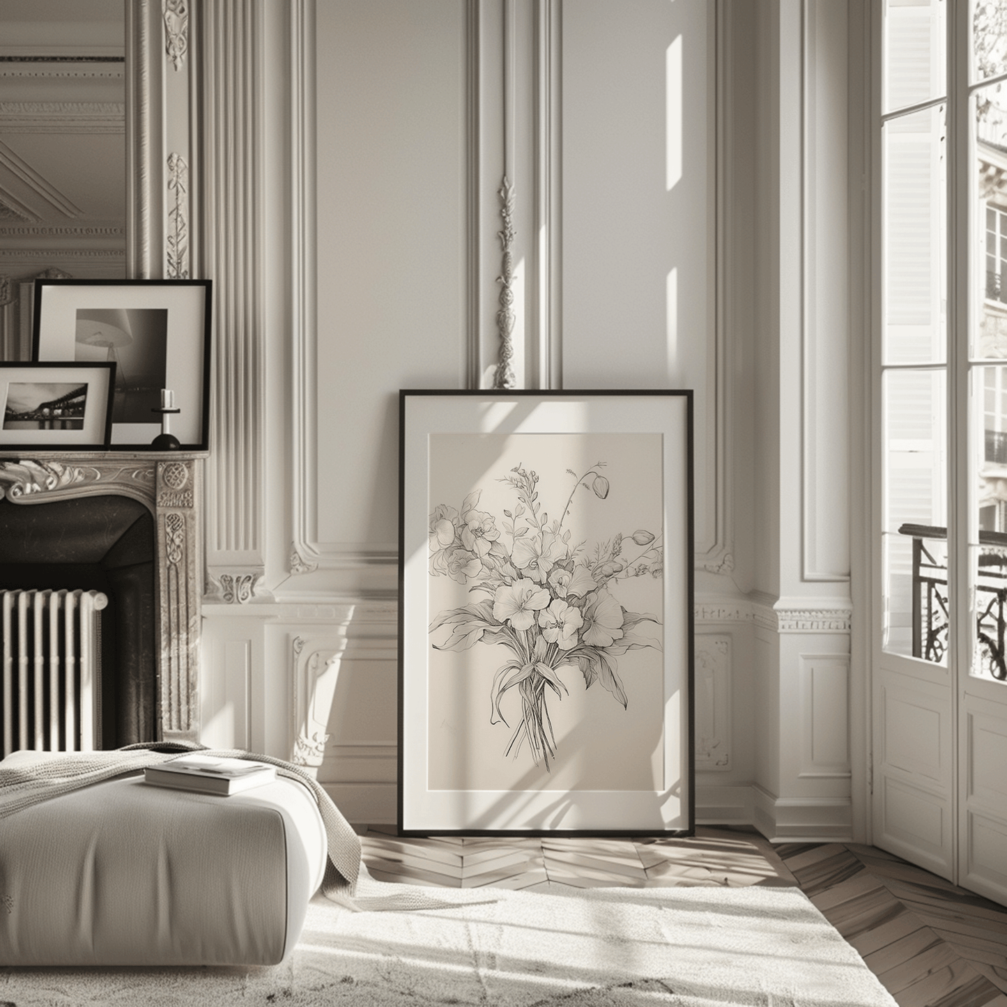 Large abstract botanical sketch in a black frame leaning on a Parisian-style floor in a living room near a fireplace