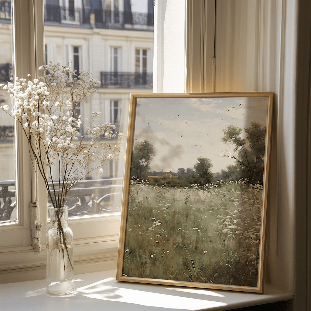 Countryside wildflower meadow framed wall art leaning on window sill with glass vase decor
