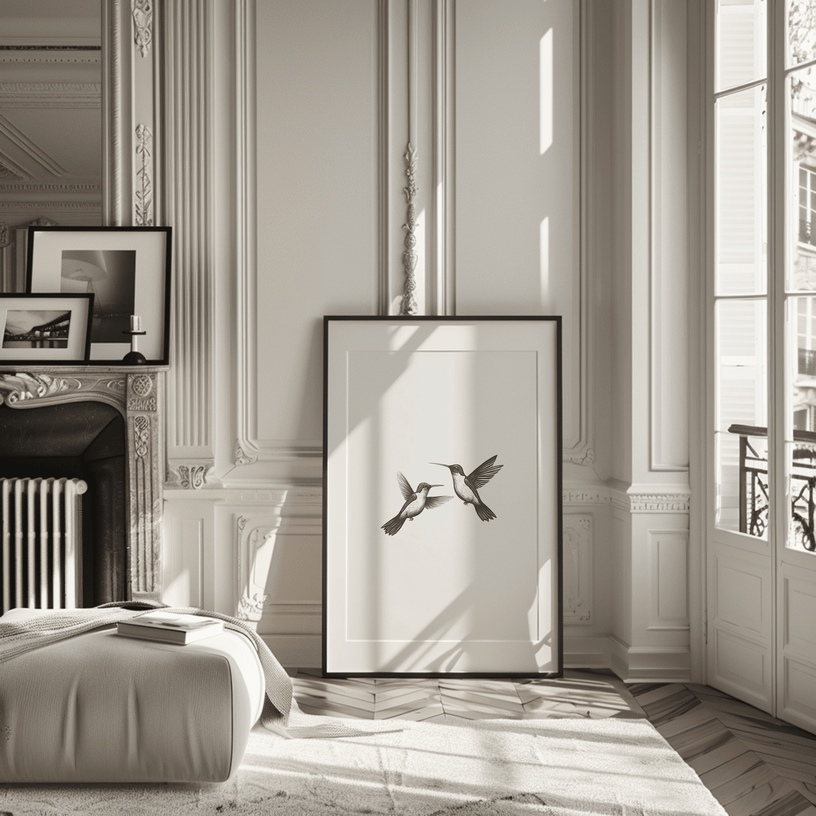 Large vintage minimal hummingbird framed wall art print leaning against ornate white wall panels in a Parisian-style living room with tall windows, herringbone wood floors, and dramatic natural sunlight casting elegant shadows.