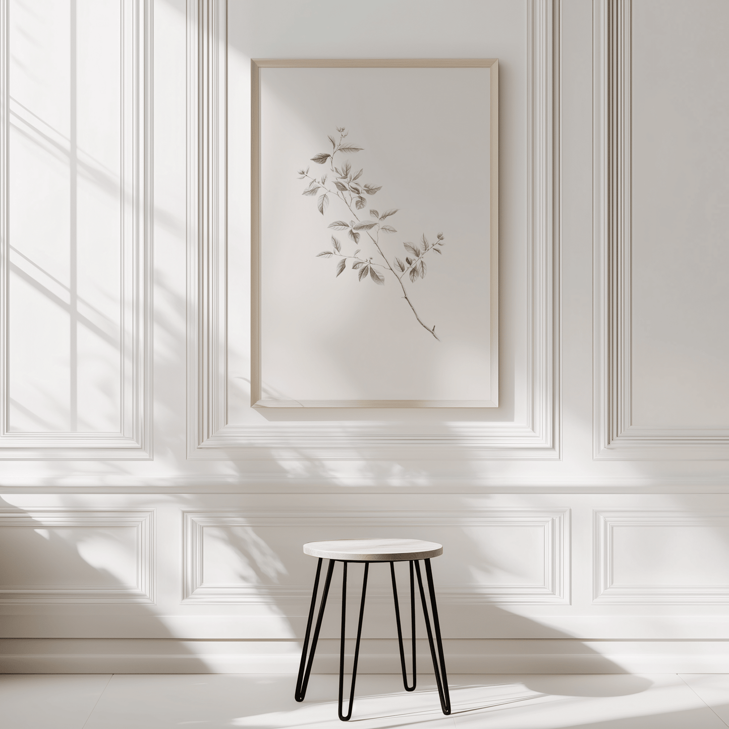 framed large minimalist branch line art wall print on classic panel wall with soft shadows