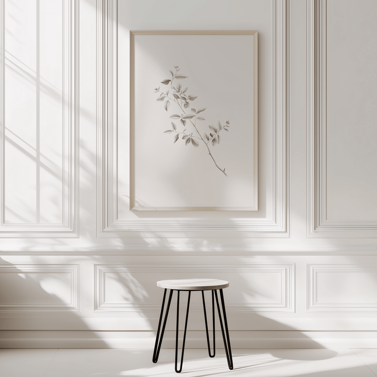 framed large minimalist branch line art wall print on classic panel wall with soft shadows