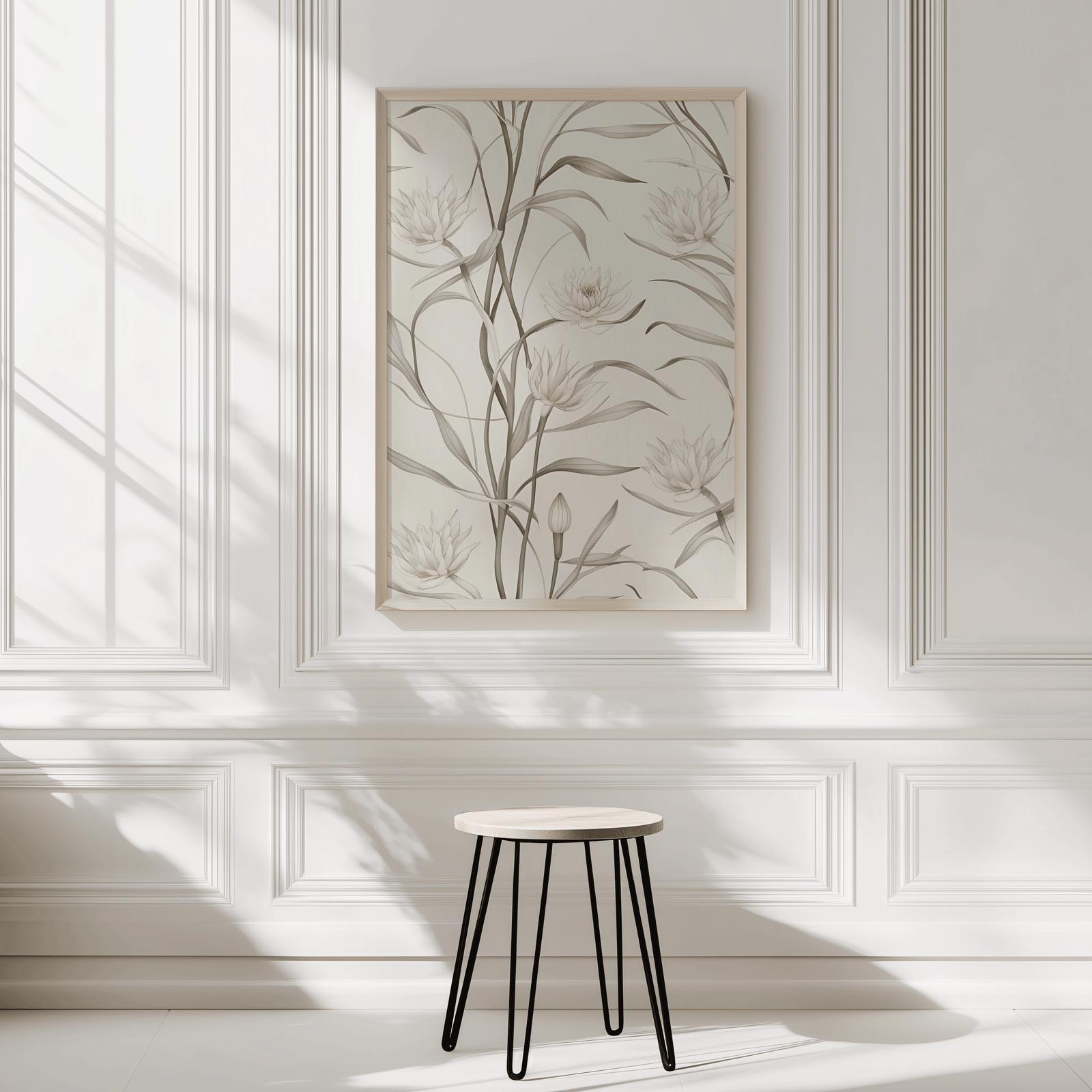 Beige framed floral wall art with sage green leaves and white blooms against white wall with wainscotting and a small stool