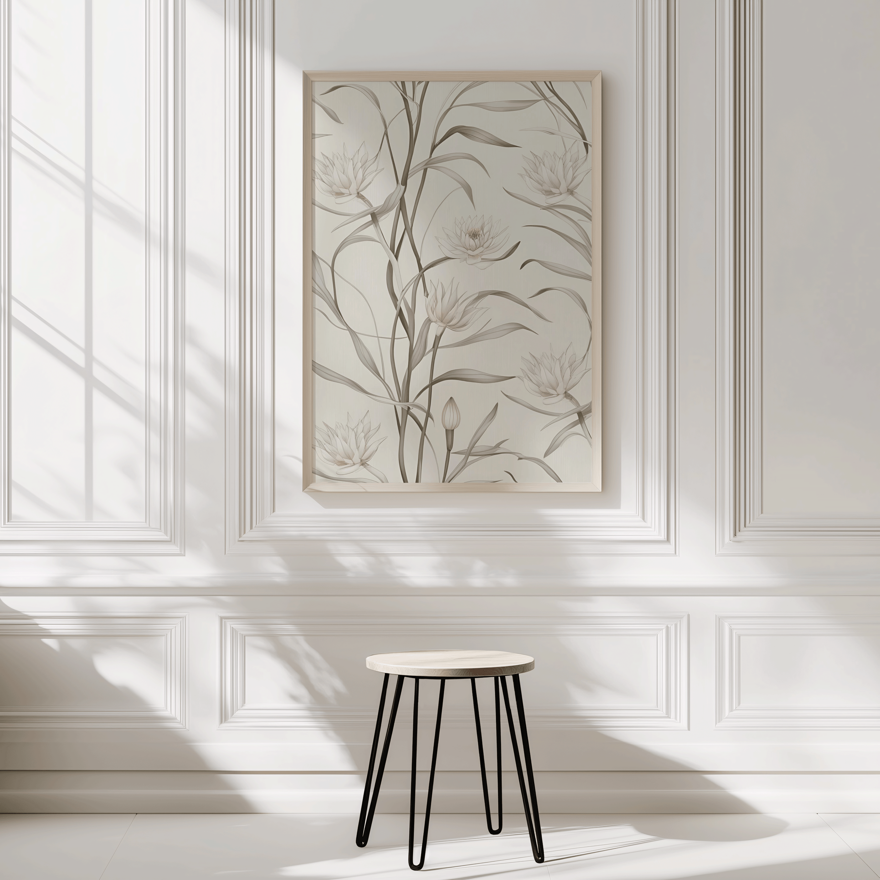 Beige framed floral wall art with sage green leaves and white blooms against white wall with wainscotting and a small stool