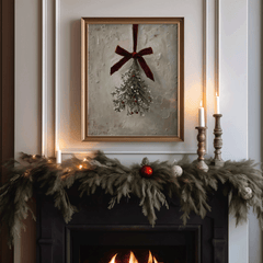 Framed vintage mistletoe wall art with a red velvet bow above a fireplace mantel with garland and candles