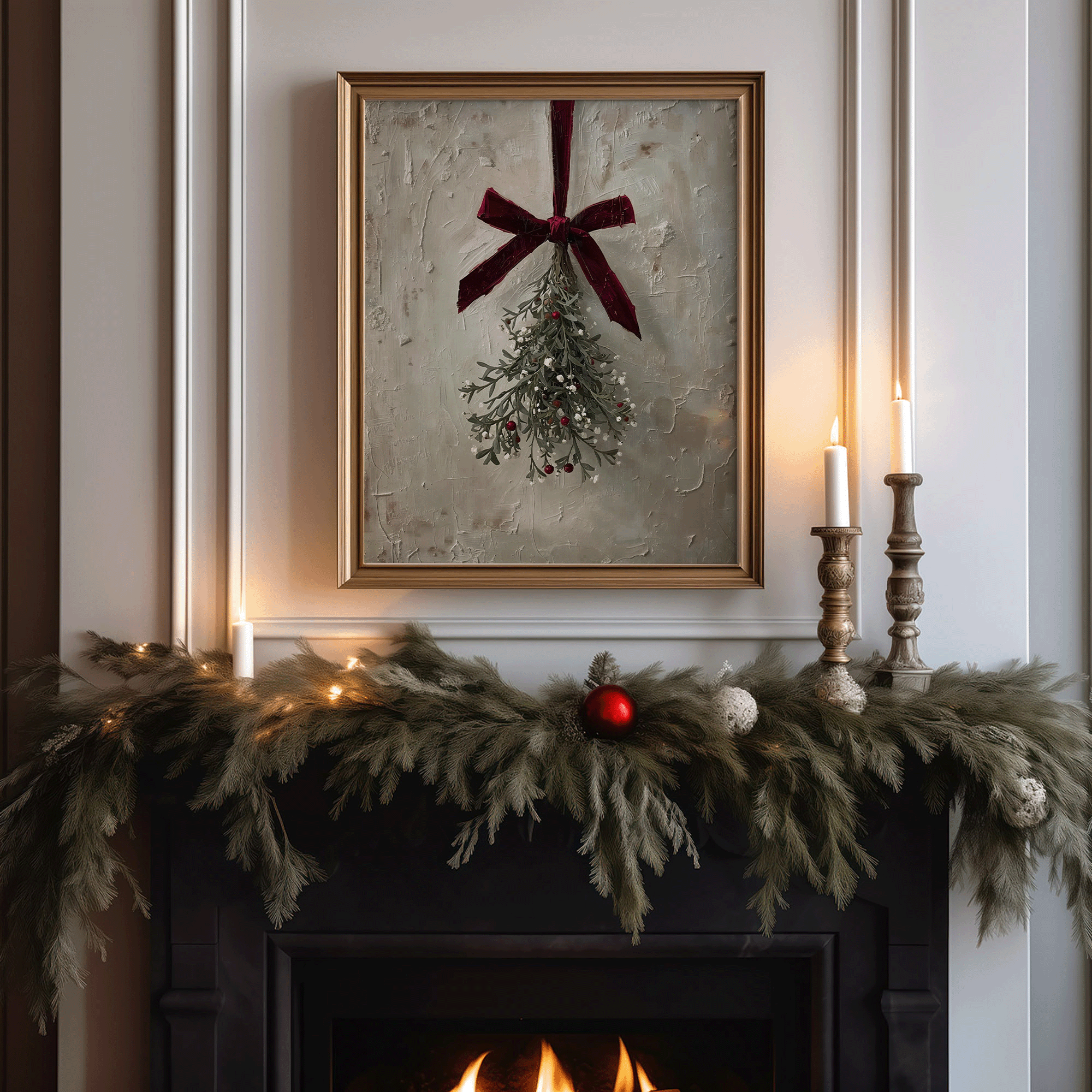 rustic vintage mistletoe christmas wall art with deep red velvet bow framed above a cozy fireplace mantel decorated with garland and candles, perfect artwork for classic living room or entryway seasonal holiday decor