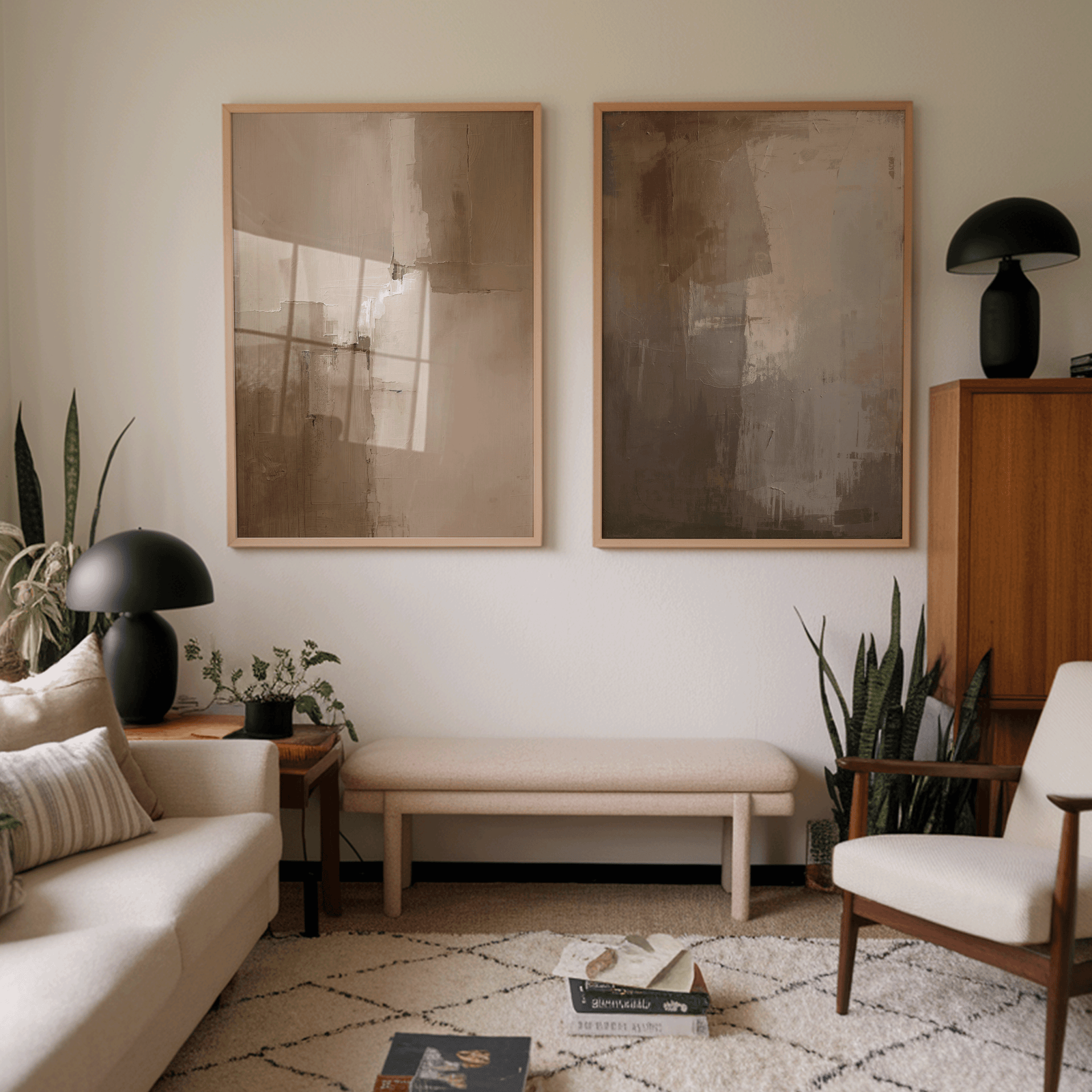 pair of vintage-inspired moody neutral abstract prints in beige and brown tones hanging above a bench in a midcentury living room with plants and warm neutrals