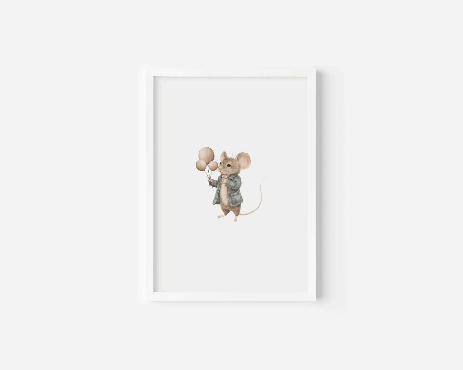 Watercolour mouse nursery print with balloons in a white frame on a light wall