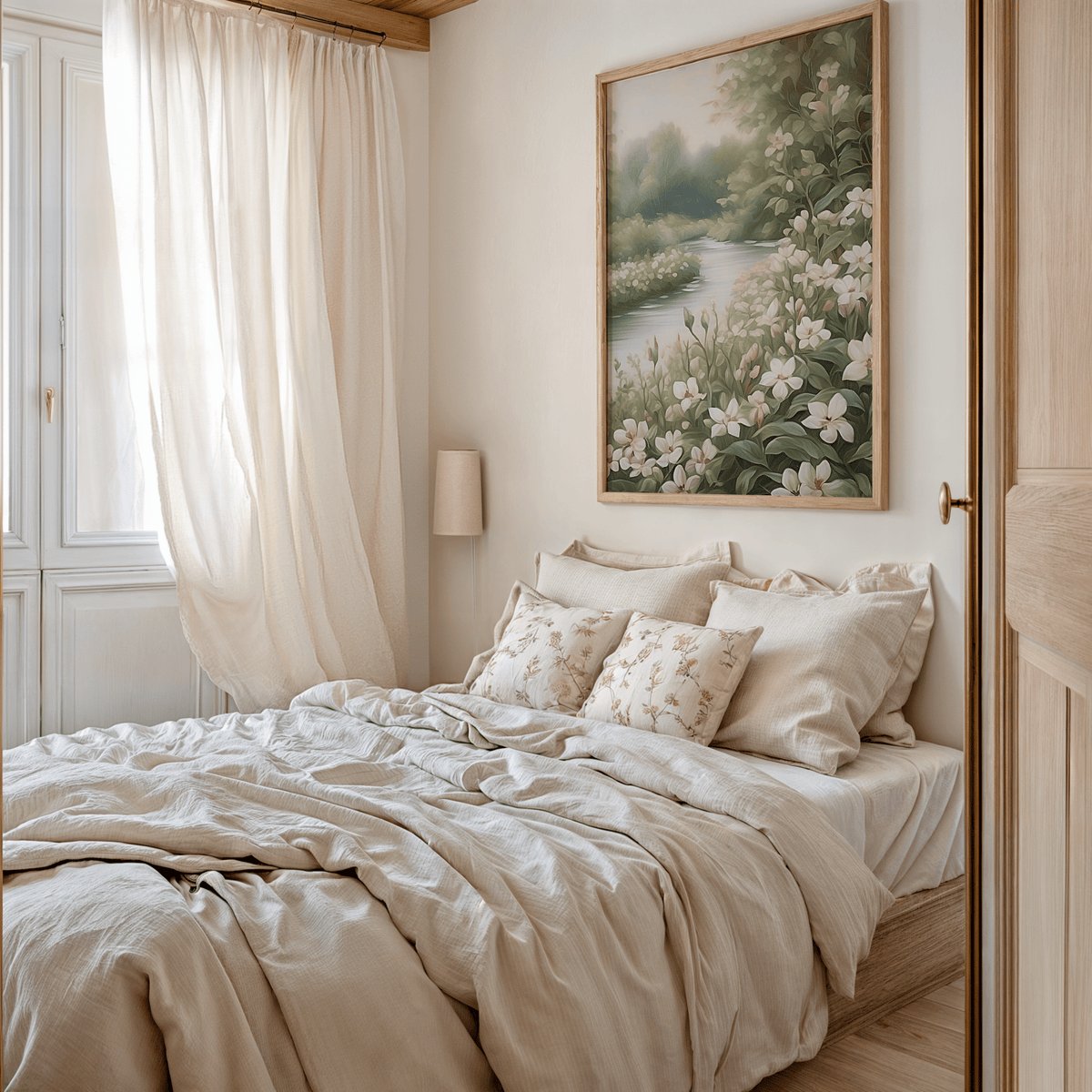 White wildflower river print above a bed with cream linen bedding beside sheer curtains