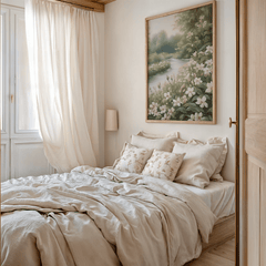 White wildflower river print above a bed with cream linen bedding beside sheer curtains
