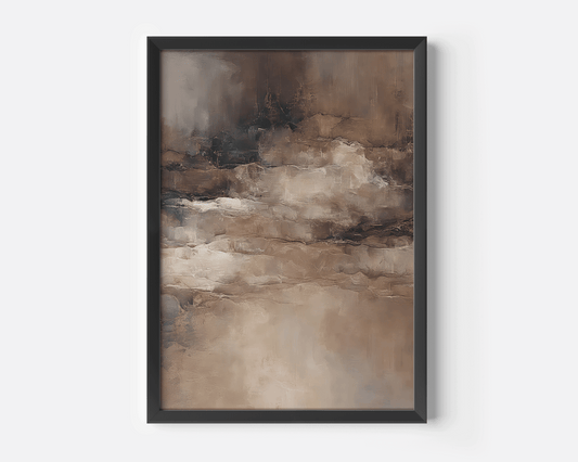 Vertical vintage neutral abstract wall art framed in black, featuring warm beige, taupe, and deep brown color transitions