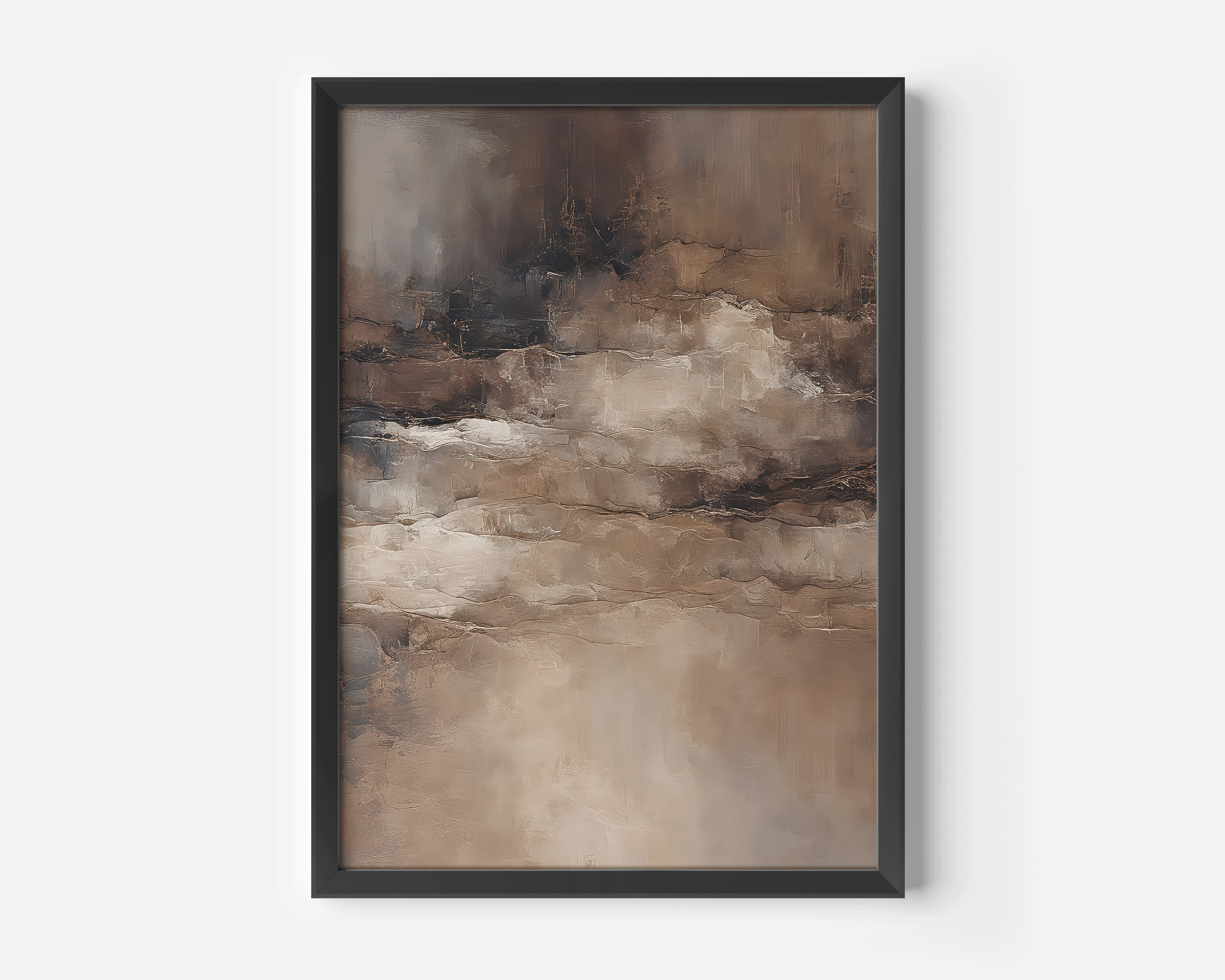 Vertical vintage neutral abstract wall art framed in black, featuring warm beige, taupe, and deep brown color transitions