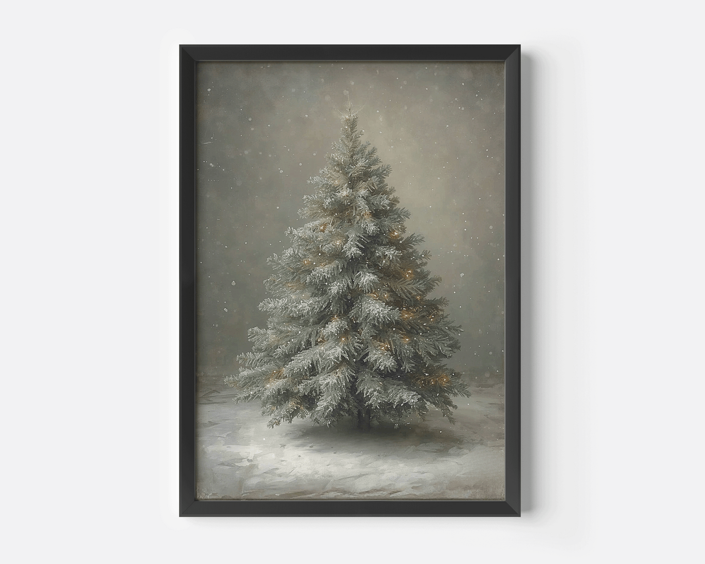 Neutral Christmas tree canvas print in a sleek black frame, showing a softly glowing winter tree under falling snow, perfect for cozy holiday decor.