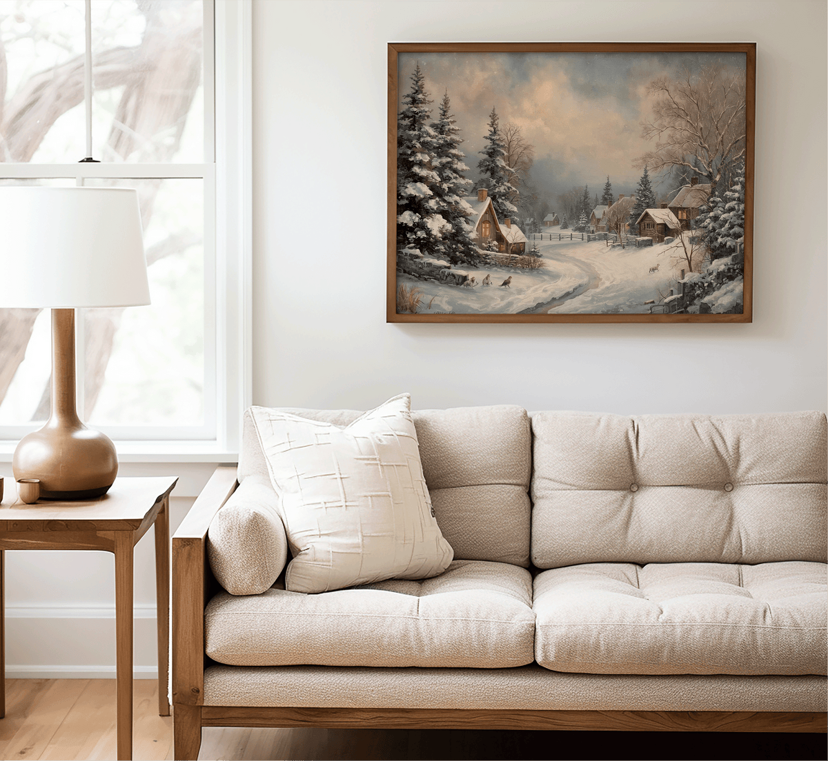 Vintage winter village print in a brown wood frame above a beige tufted sofa