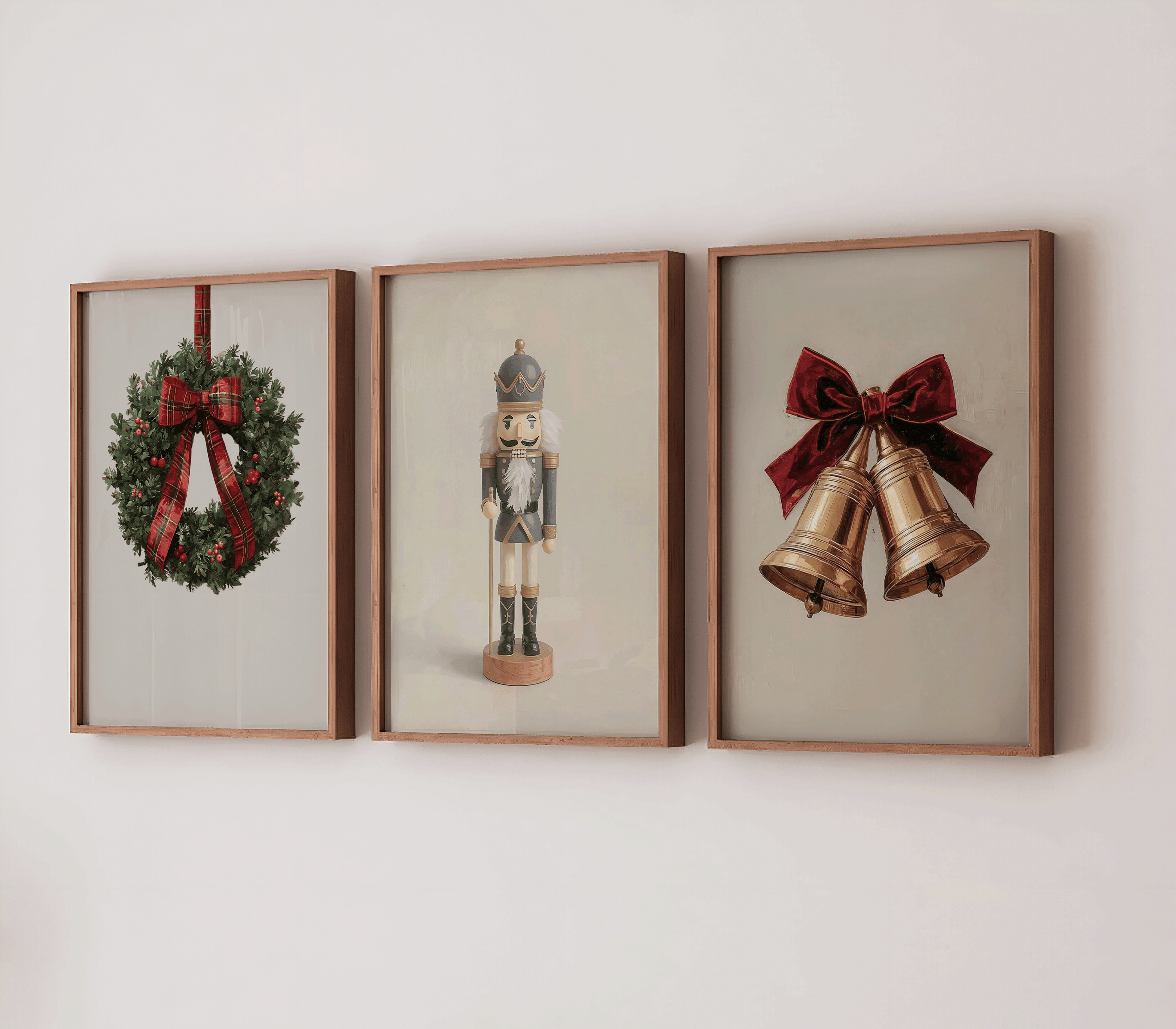 Three framed Christmas prints on a neutral wall featuring a plaid ribbon wreath, a vintage navy-and-gold nutcracker, and a pair of gold bells tied with a deep red velvet bow
