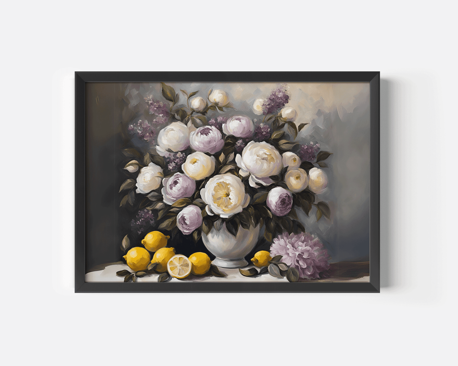 Black-framed white, purple vintage peony floral wall art still life painting with lemons and soft gray background