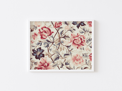 Horizontal vintage pink rose floral print with pink roses and plum peonies in a white frame