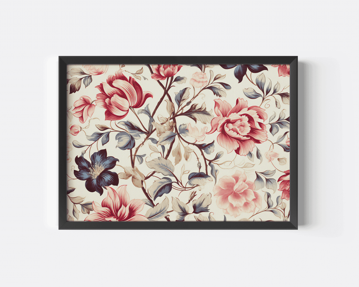 Vintage pink rose wall art with pink roses and navy leaves in a black frame