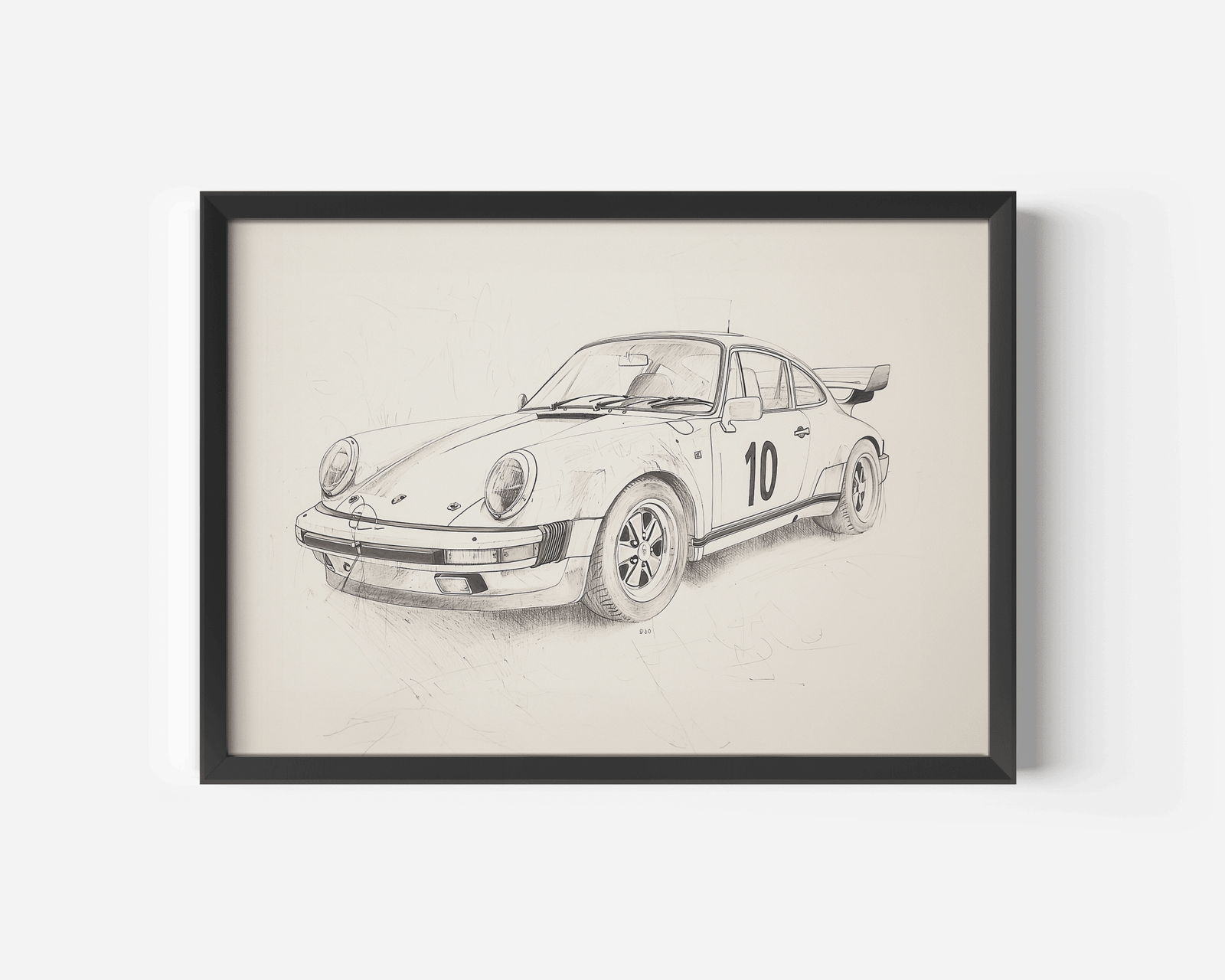 Black wooden-framed black and white drawing of a Porsche car on a beige background perfect for a nursery or man cave
