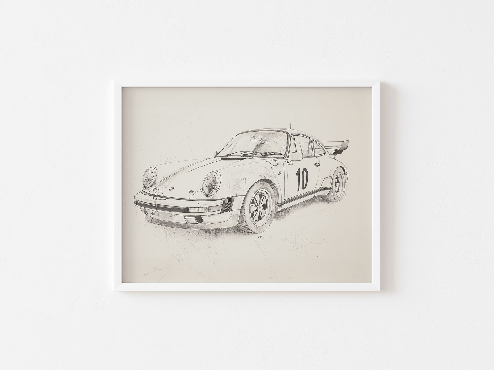 white framed black and white drawing of a vintage race car on a white background