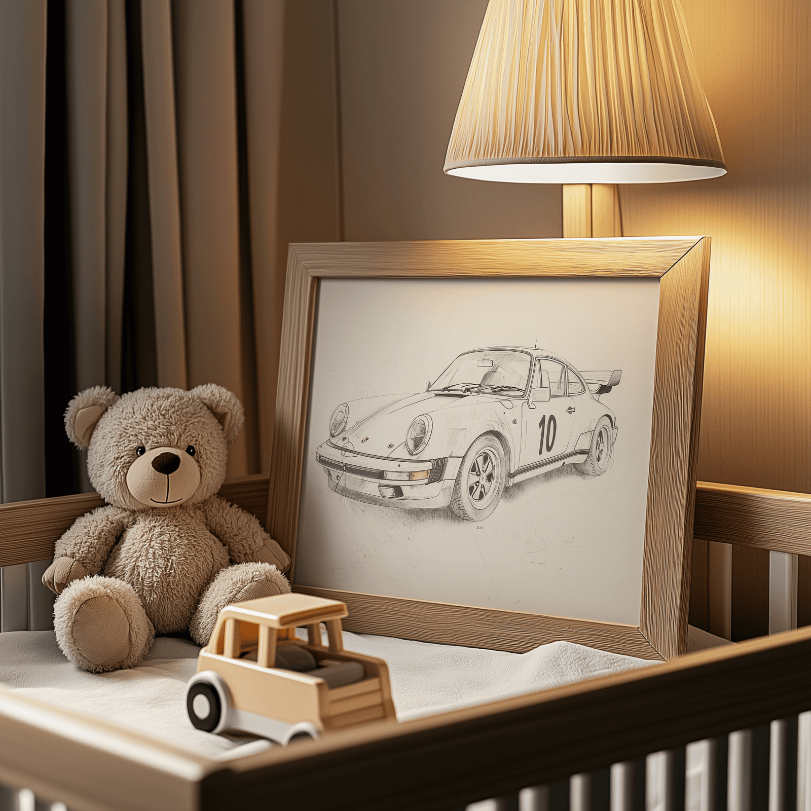 Framed sketch of a vintage race car next to a teddy bear and wooden toy truck in a little boy's neutral nursery.