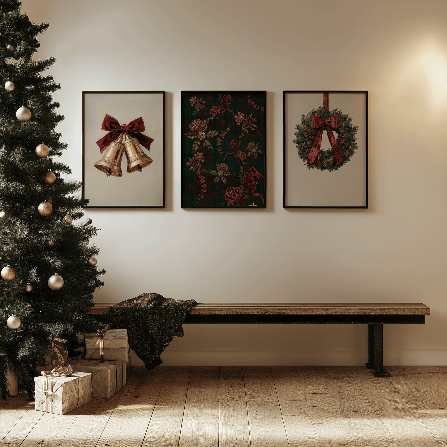 Vintage Ralph Lauren–inspired Christmas gallery wall featuring gold bells, tartan plaid heritage horse artwork, and a classic wreath with red ribbon, styled above a bench beside a Christmas tree in warm holiday decor