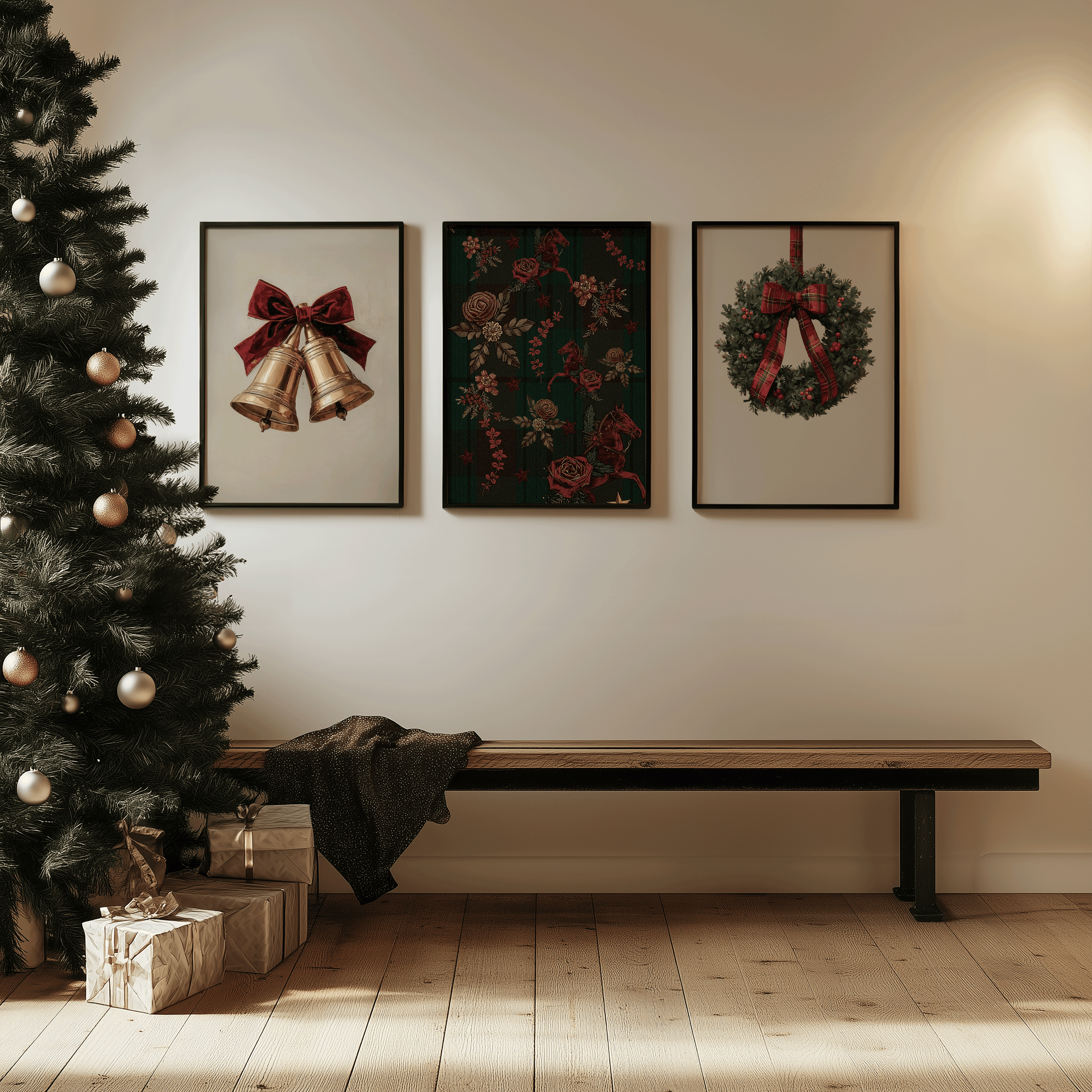 Vintage Ralph Lauren–inspired Christmas gallery wall featuring gold bells, tartan plaid heritage horse artwork, and a classic wreath with red ribbon, styled above a bench beside a Christmas tree in warm holiday decor