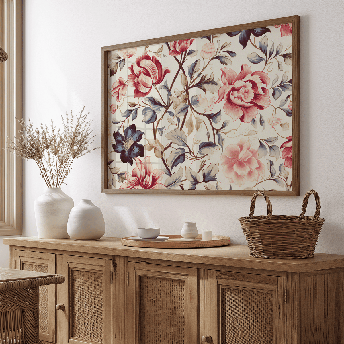 Vintage rose floral print in a natural frame above a wooden sideboard with vases and a woven basket