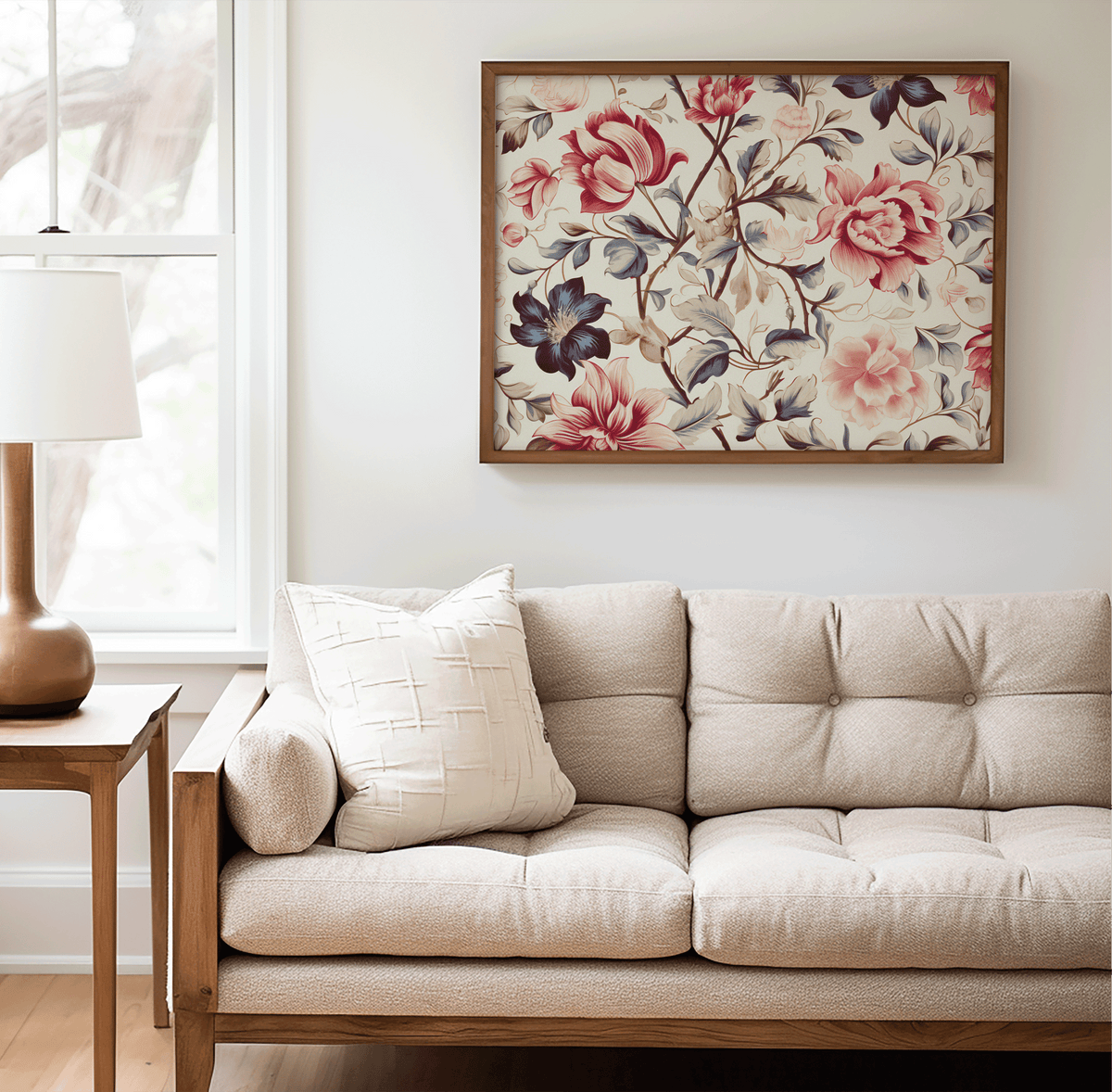 Vintage rose print in a natural frame above a beige tufted sofa with a table lamp