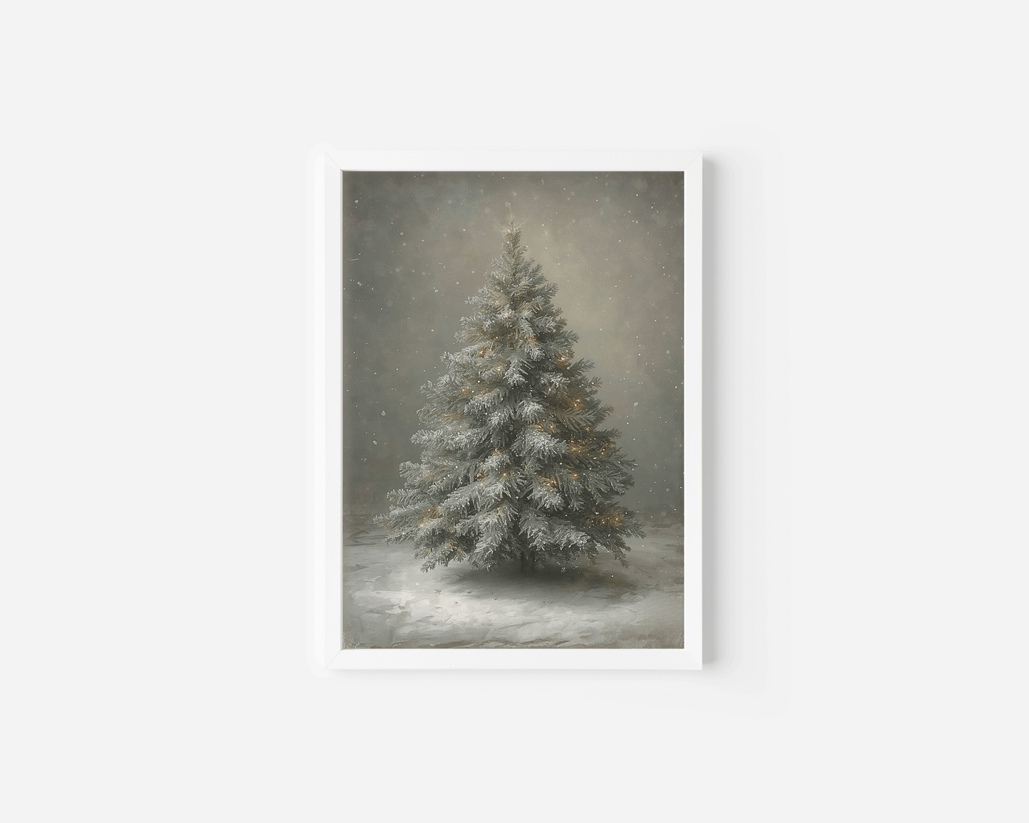 White-framed vintage Christmas tree wall art featuring a snowy evergreen with soft lights, printed on high-quality canvas in neutral winter tones.