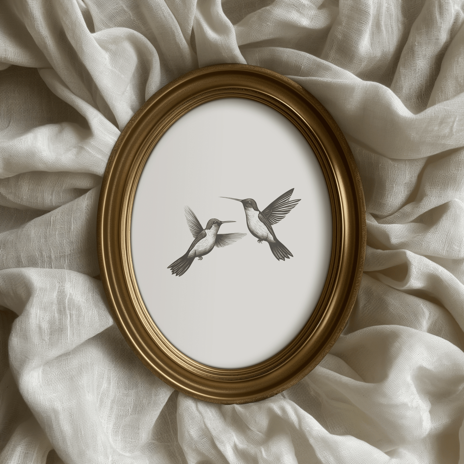 Elegant vintage-style illustration of two black and white hummingbirds in flight displayed in an oval antique gold frame, styled on soft ivory linen fabric with romantic folds and natural light for a timeless cottage-inspired decor look.