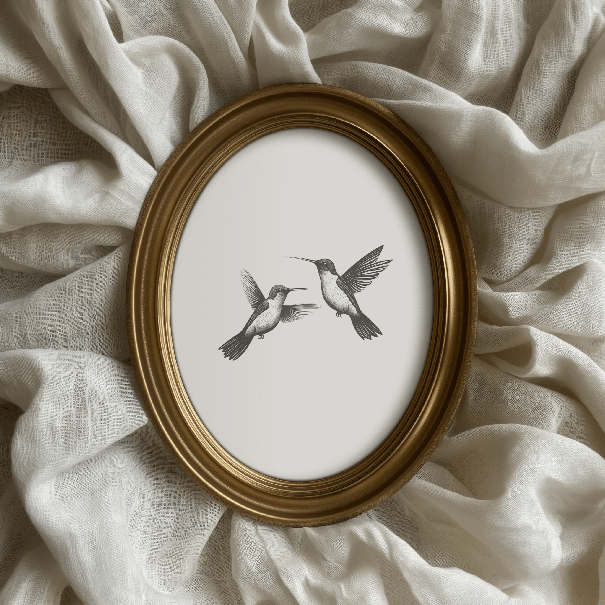 Elegant vintage-style illustration of two black and white hummingbirds in flight displayed in an oval antique gold frame, styled on soft ivory linen fabric with romantic folds and natural light for a timeless cottage-inspired decor look.