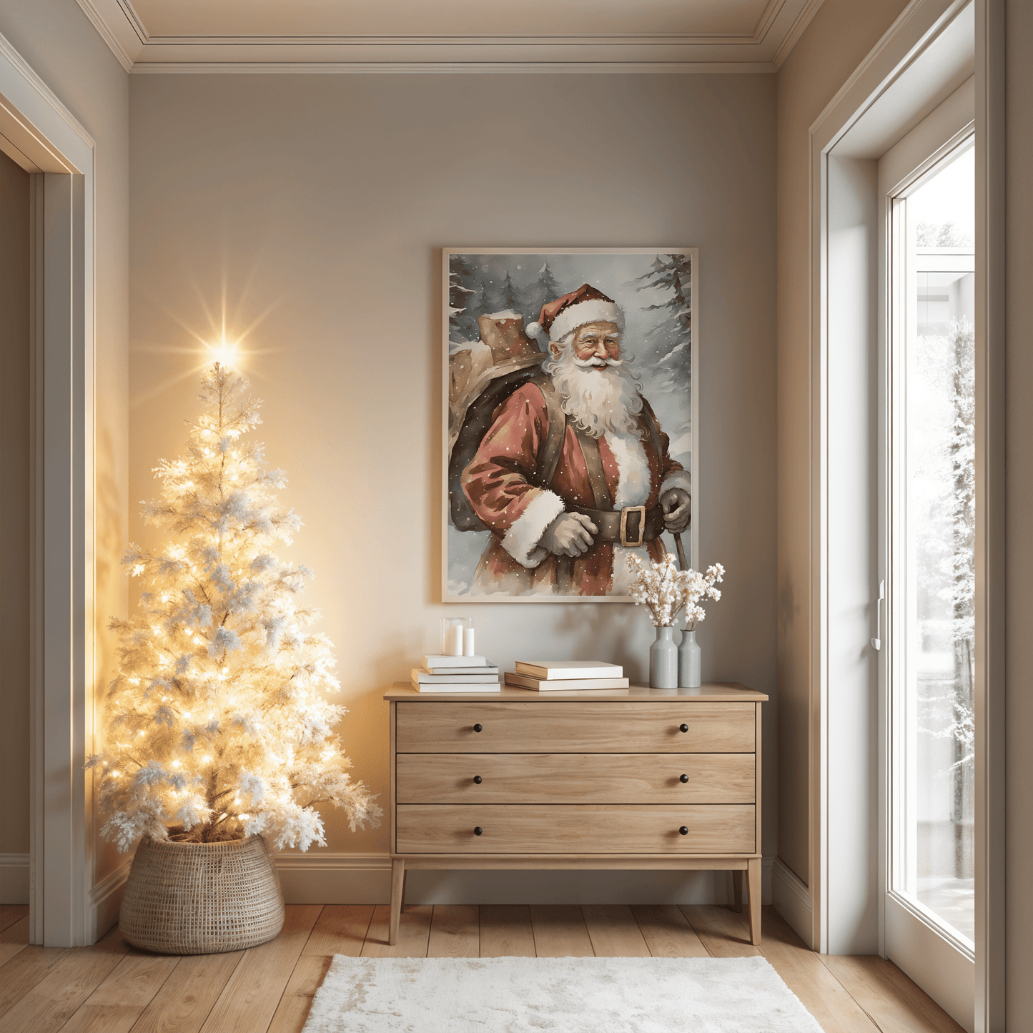 Vintage Santa Christmas wall art hanging above wood console table with small holiday tree and neutral decor
