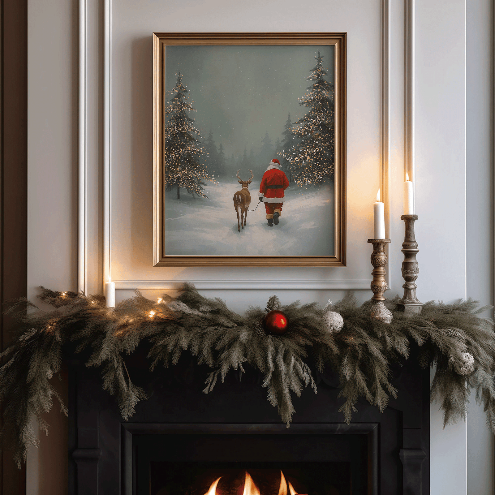 Vintage Santa Claus and reindeer Christmas wall art displayed above a decorated fireplace mantel, perfect for living room or entryway holiday décor with garland and candles