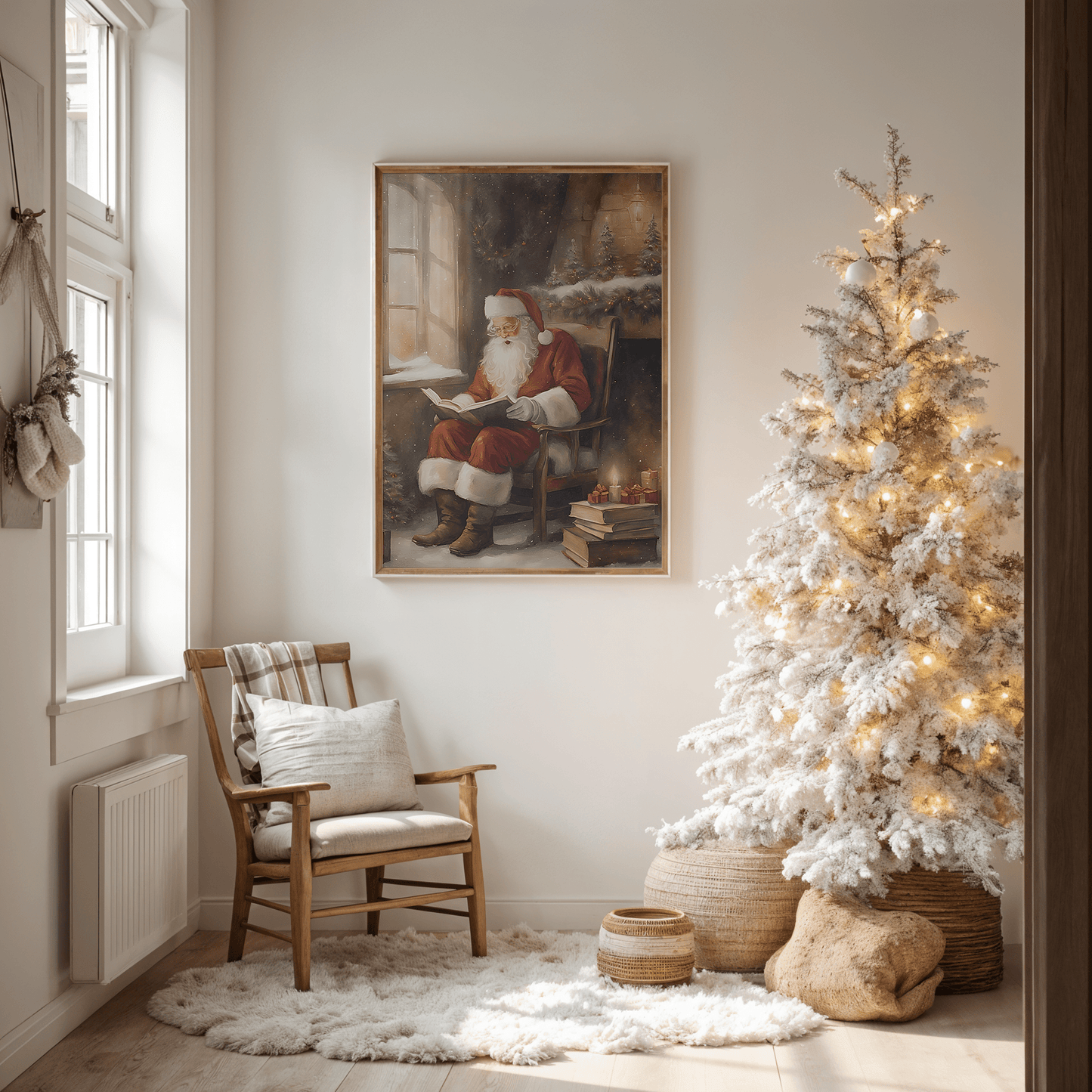 classic Santa reading artwork styled in living room with warm glowing Christmas lights