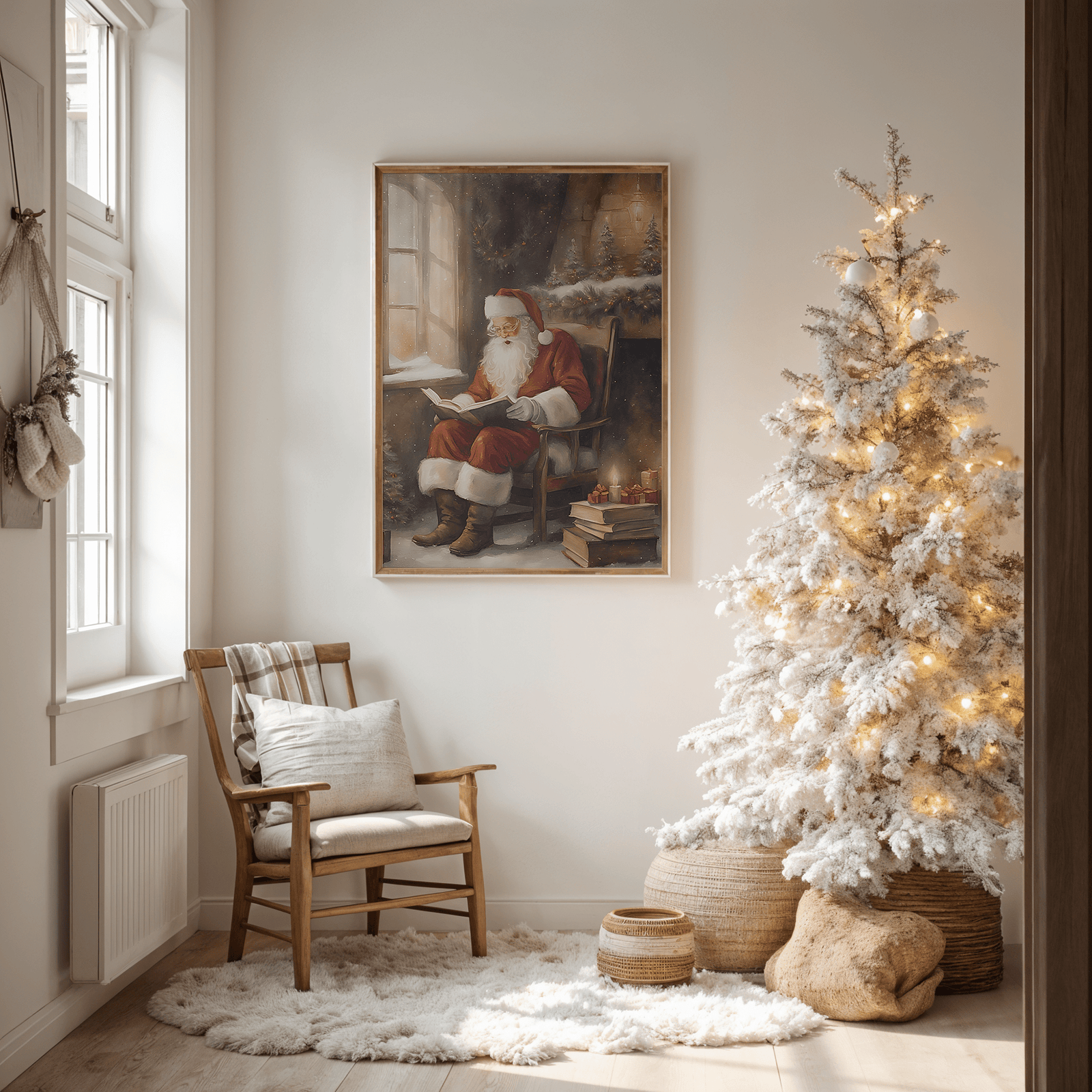 rustic Santa Claus framed wall art print  styled in living room with warm glowing Christmas lights and a fireplace, ralph lauren christmas wall art