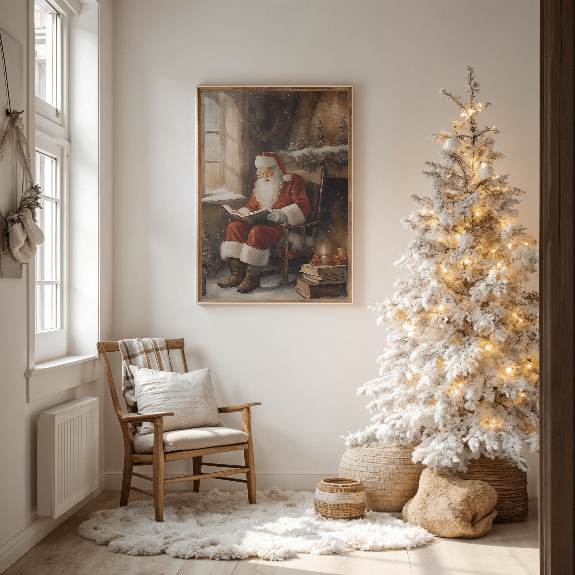 classic Santa reading artwork styled in living room with warm glowing Christmas lights
