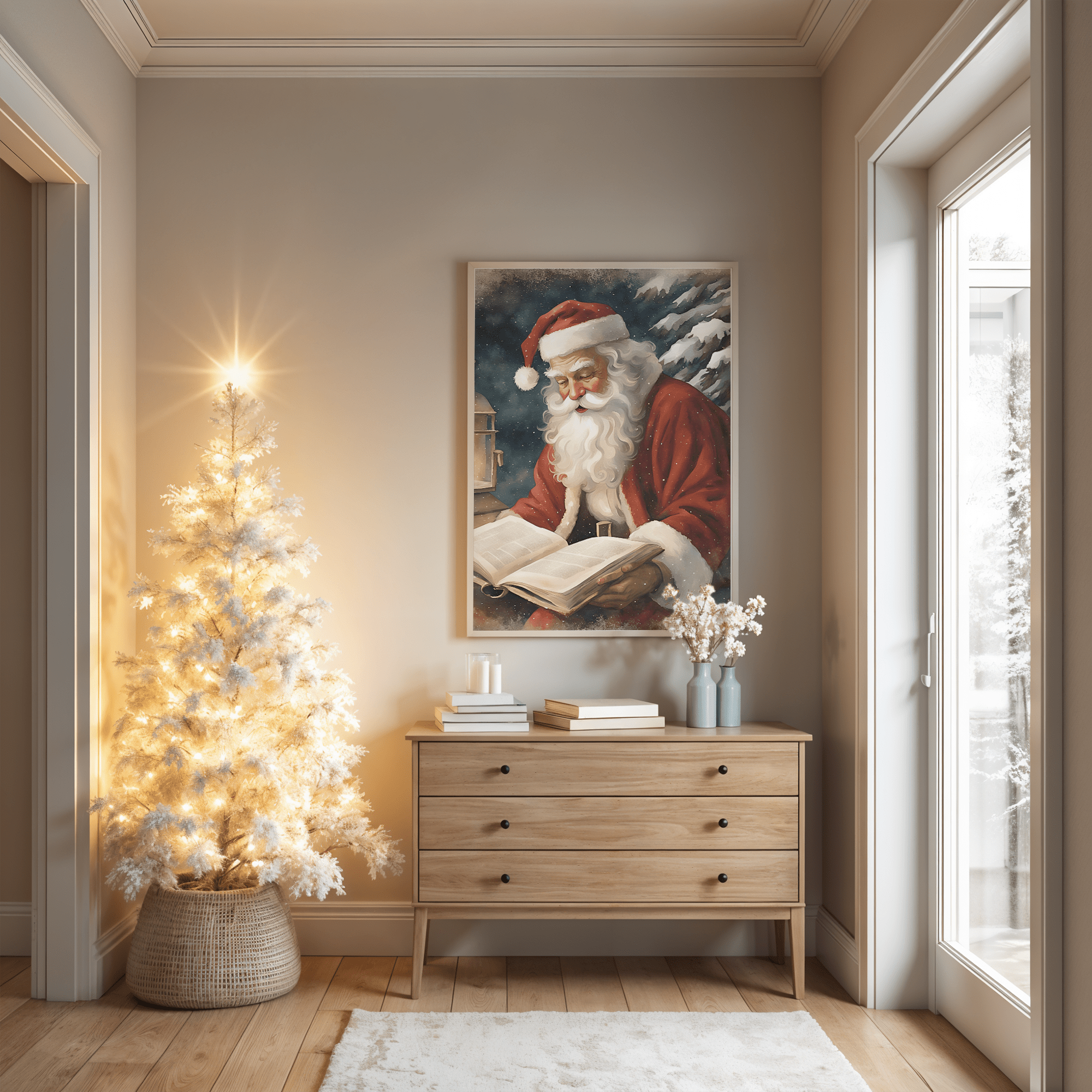 Vintage Santa reading wall art hanging above console with flocked Christmas tree and neutral seasonal holiday decor, perfect for entryways, hallways and living rooms