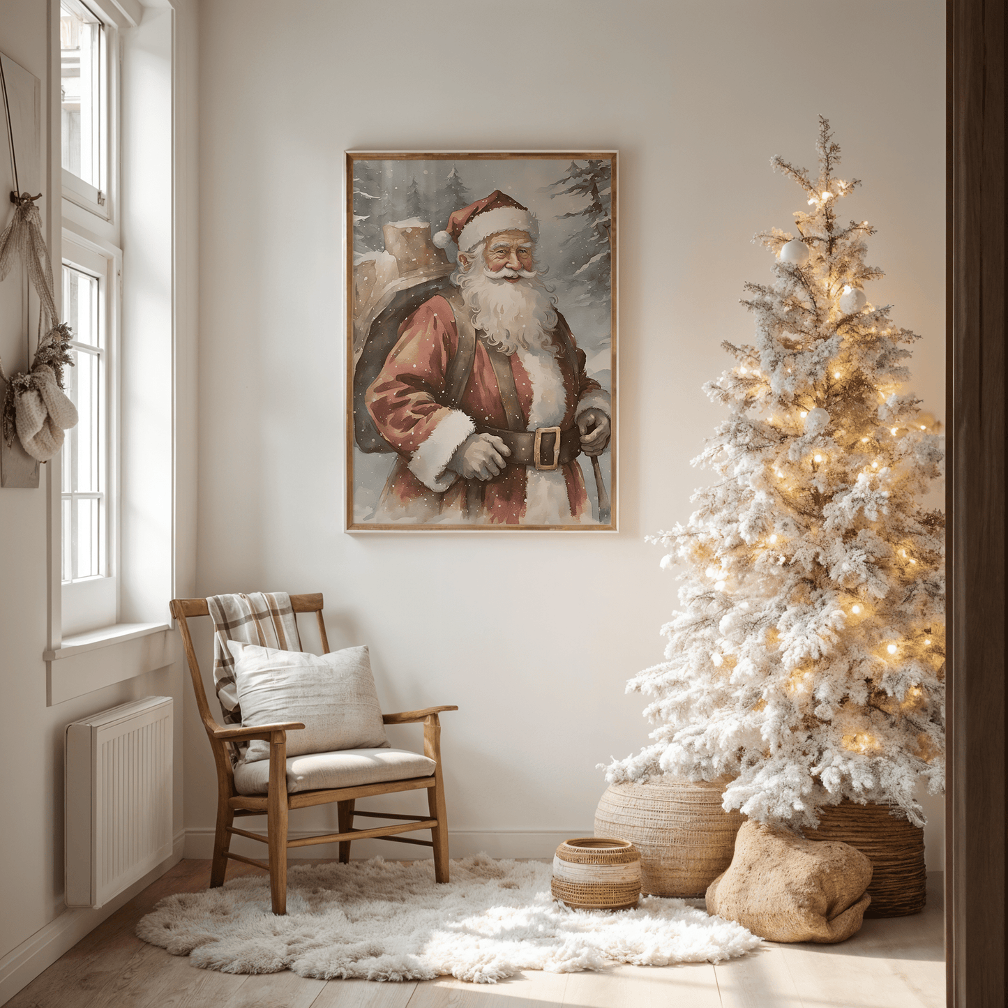 Vintage Santa Christmas canvas wall art framed print hung in cozy entryway with flocked tree and wooden chair