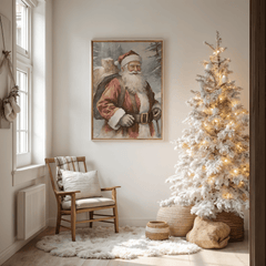 Vintage Santa Christmas canvas wall art framed print hung in cozy entryway with flocked tree and wooden chair
