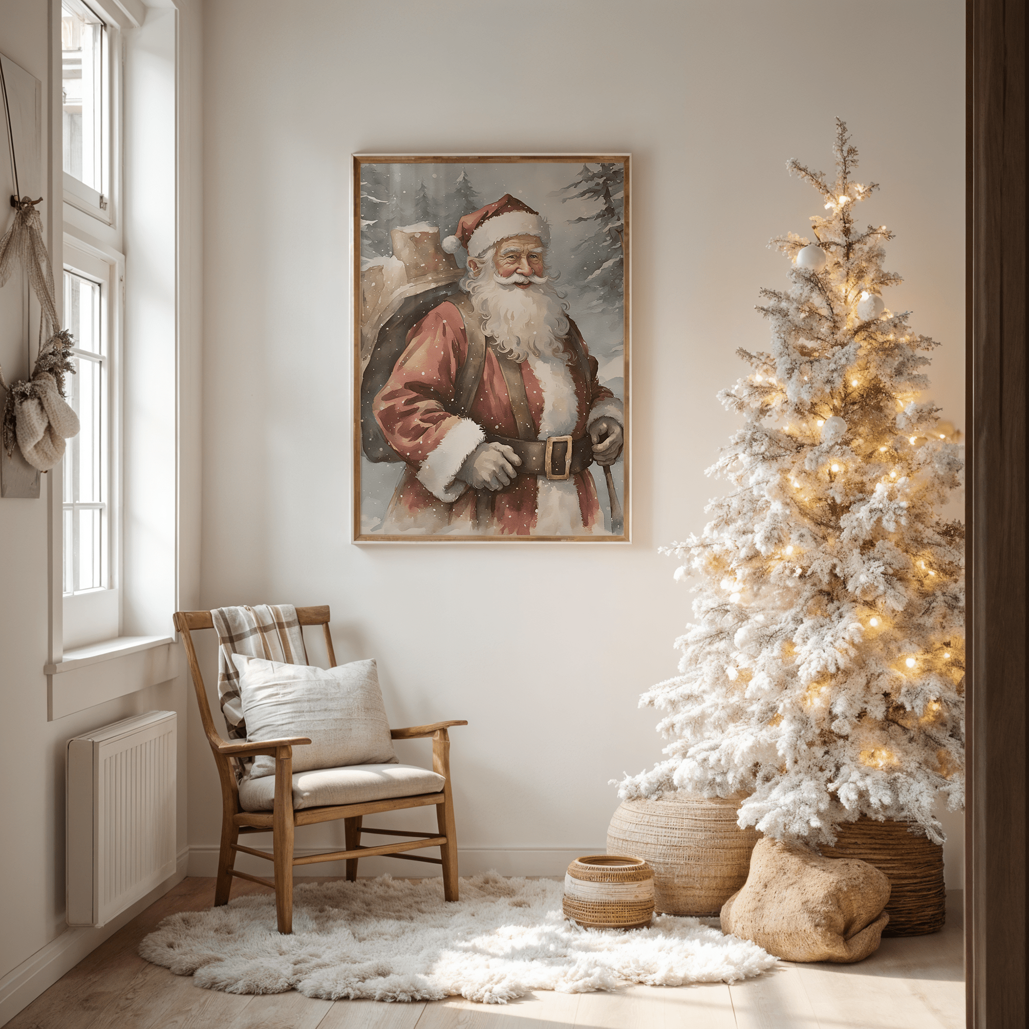 Vintage Santa Christmas canvas wall art framed print hung in cozy entryway with flocked tree and wooden chair
