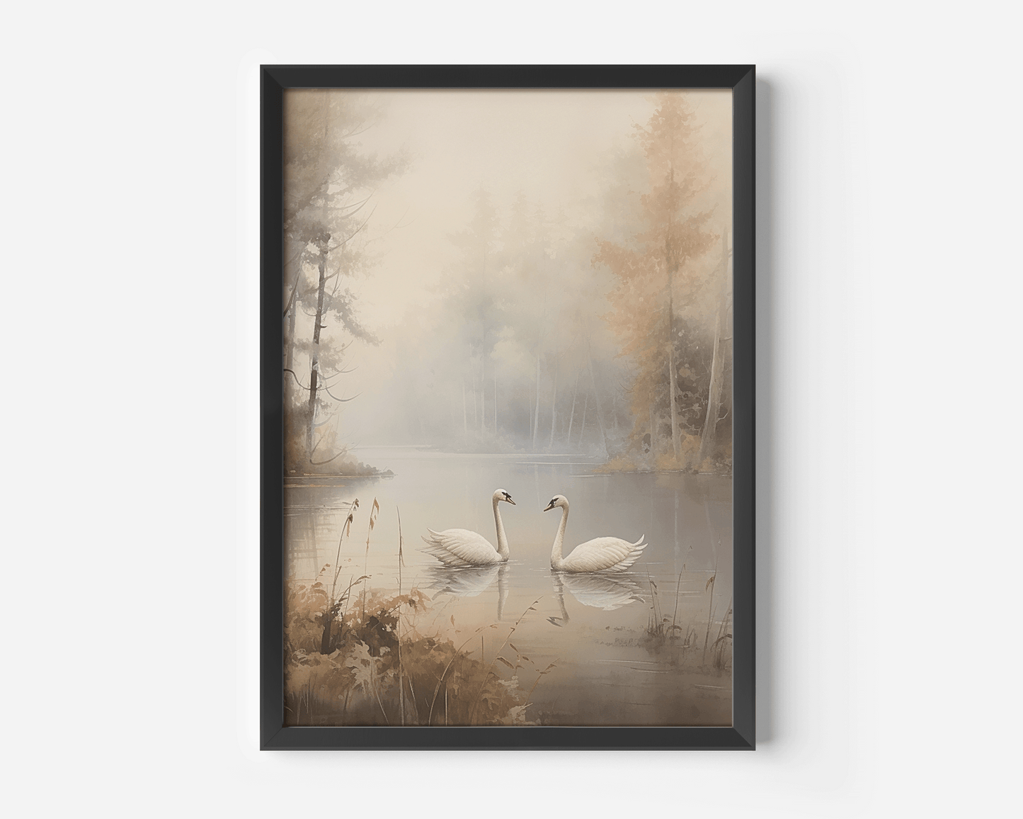 A black-framed wall art print depicting two white swans on lake surrounded by misty trees and fog