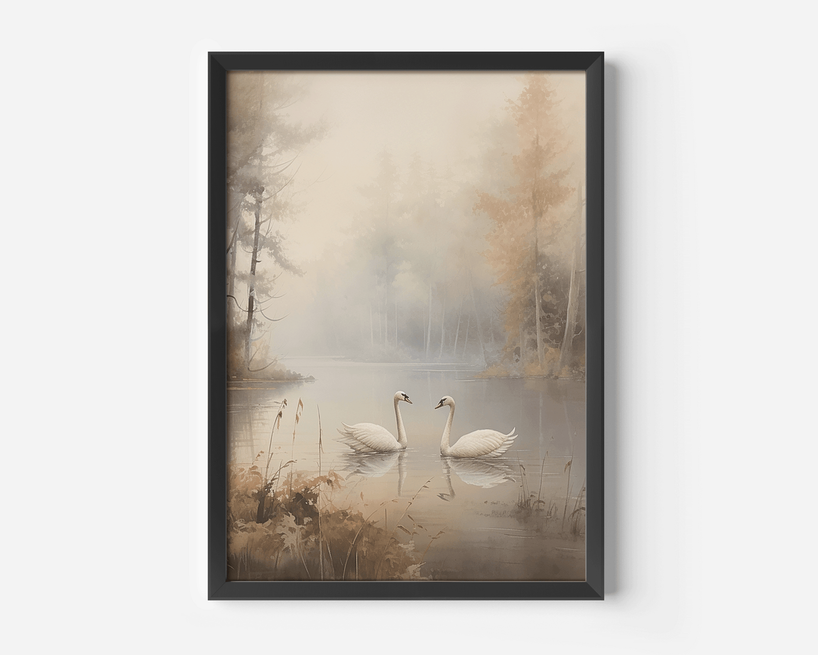 A black-framed wall art print depicting two white swans on lake surrounded by misty trees and fog
