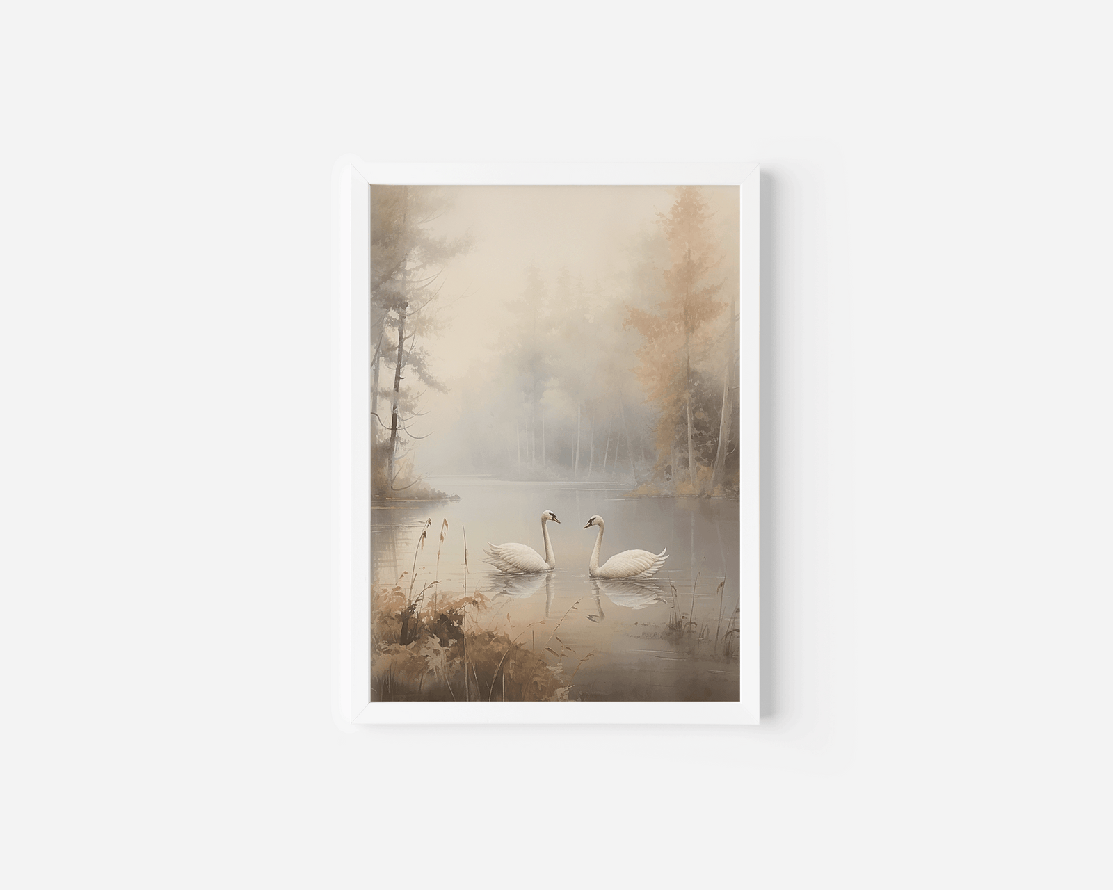A white-framed wall art print featuring a serene landscape with two white swans on calm lake, misty trees in soft beige and brown tones.