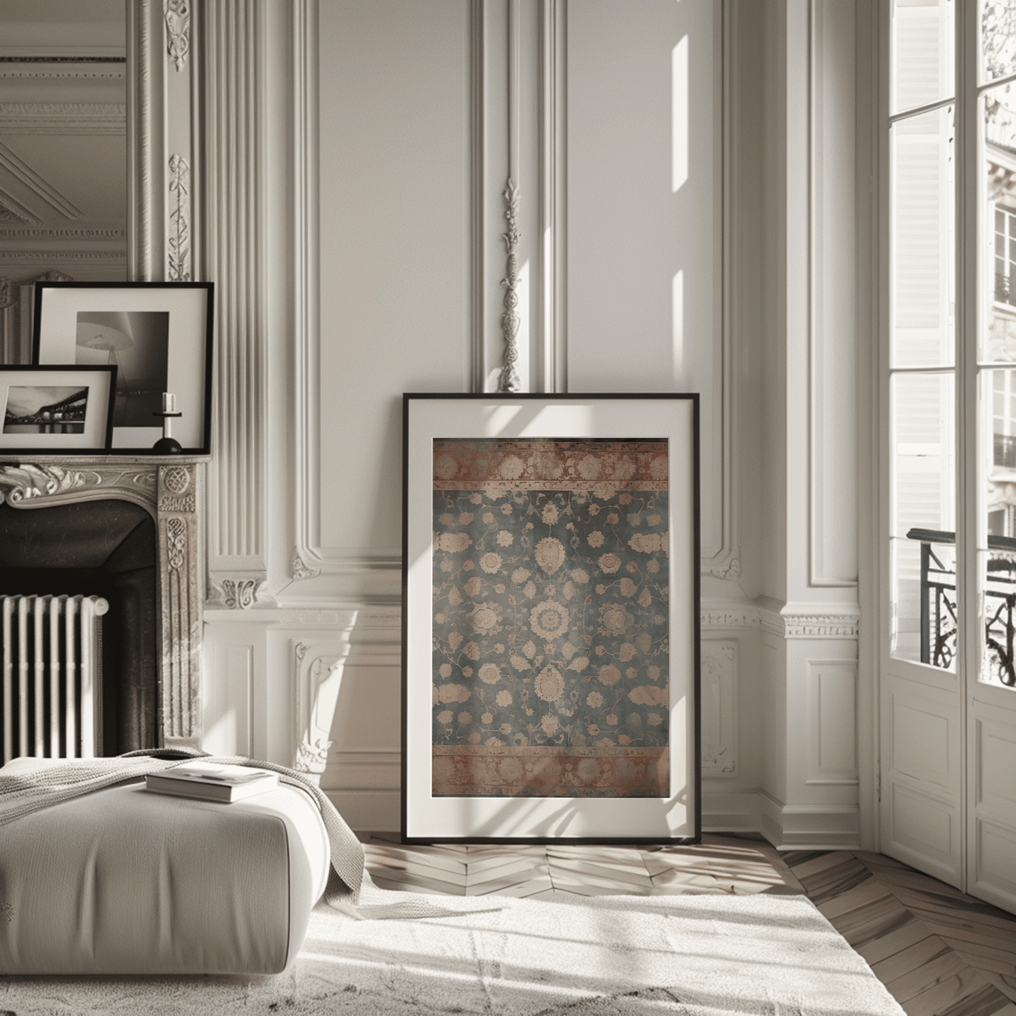 Black framed vintage tapestry wall art print leaning against a wall in a modern living room next to a fireplace